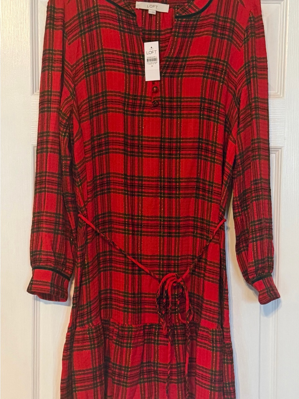 LOFT Red and Black Plaid Flounce Dress
